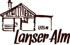 Logo Lanser Alm mit Schriftzug, 1735 Höhenmeter und Illustration der Hütte
